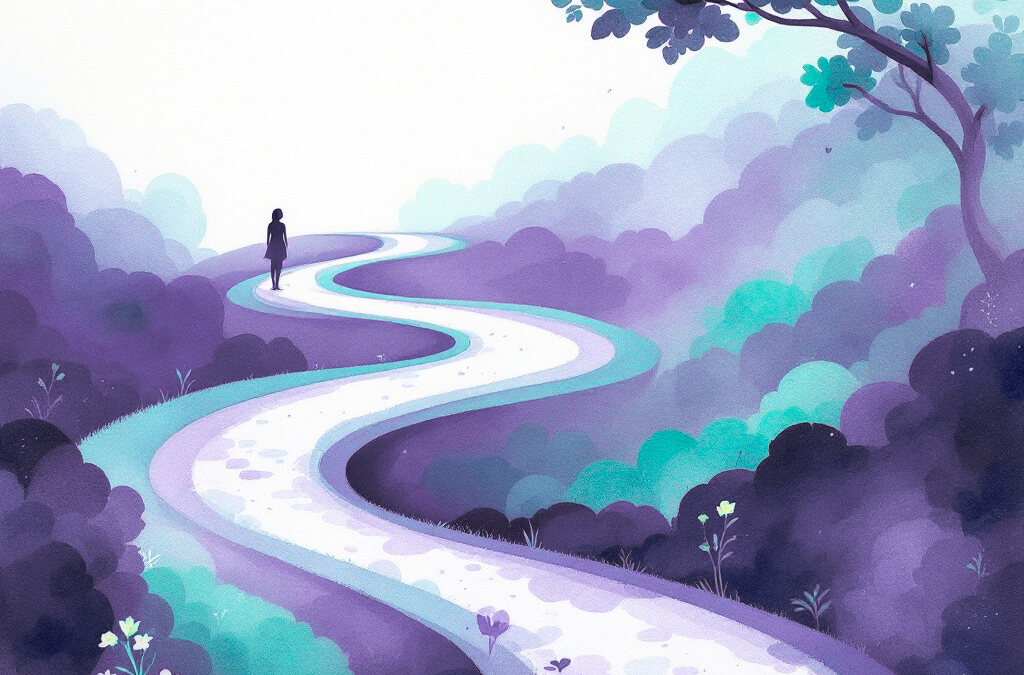 Femme marchant au loin sur un chemin sinueux avec des couleurs bleues