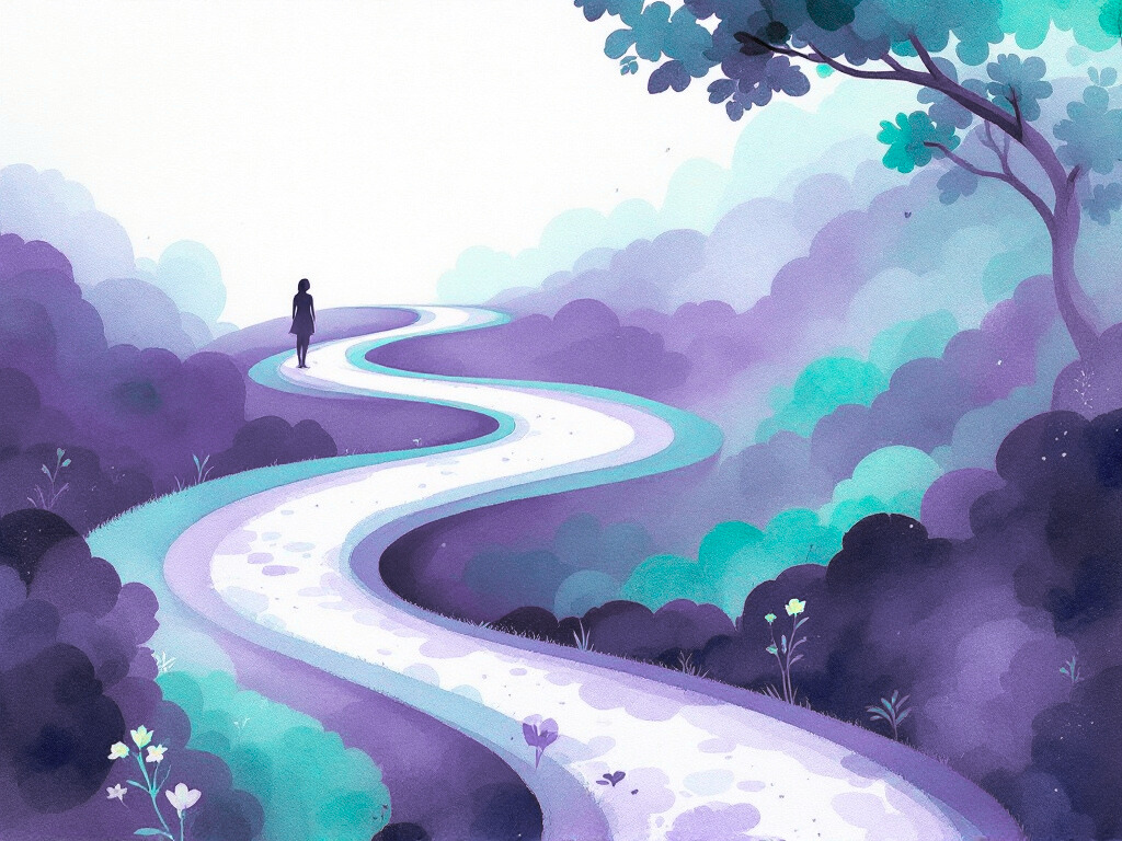Femme marchant au loin sur un chemin sinueux avec des couleurs bleues